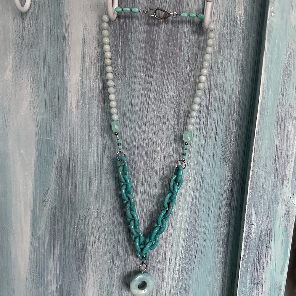 Elegant Boho Circle, Chain Link + Turquoise Beaded Necklace measures 27”, $40